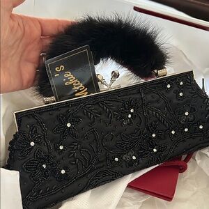 NWT Mitchies Mink Handle Elegant Black Beaded Clutch with Fur Handle